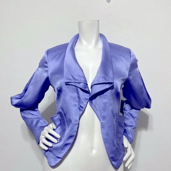 Bebe NEW Y2K Retro Blue Textured Satin Jacket With Pockets Shoulder Pads Size 4 - Picture 3 of 10